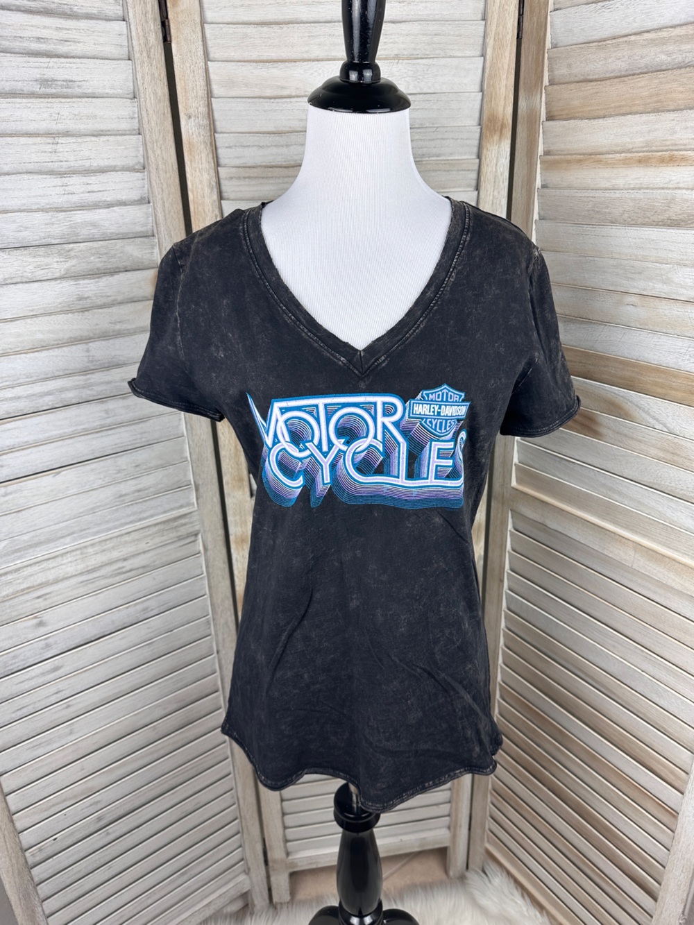 Harley Davidison Black Distressed Vneck Blue Purple Logo Motorcycle Fitted Tee